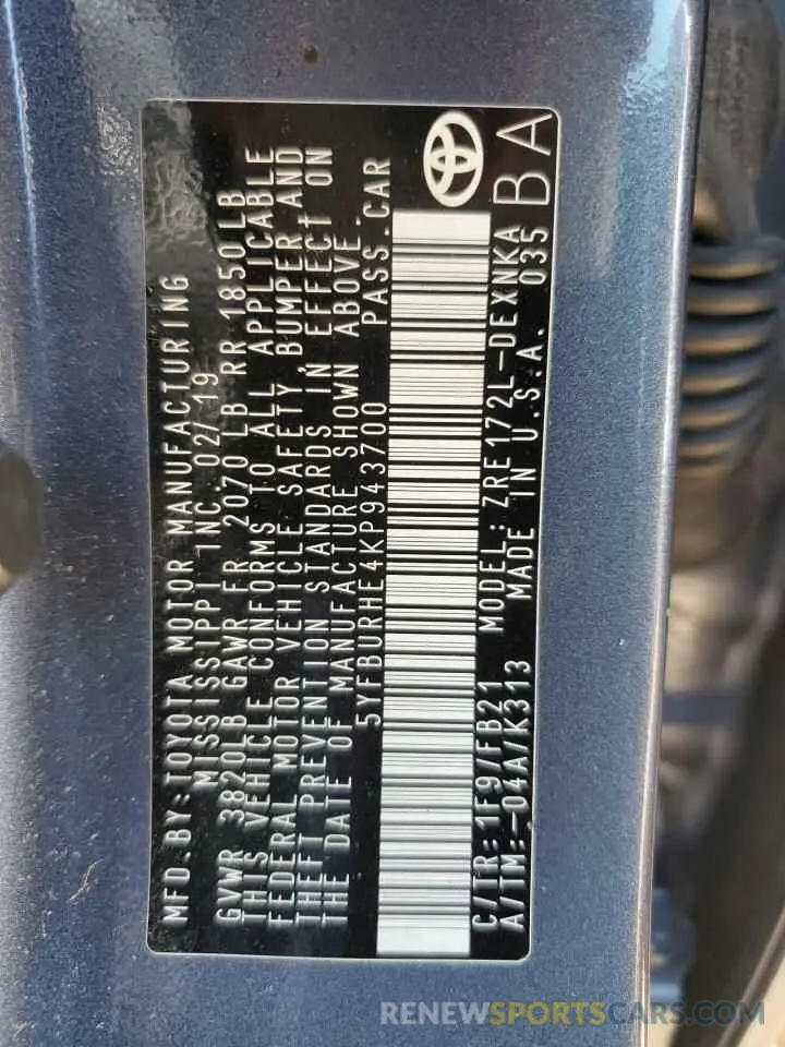 13 Photograph of a damaged car 5YFBURHE4KP943700 TOYOTA COROLLA 2019