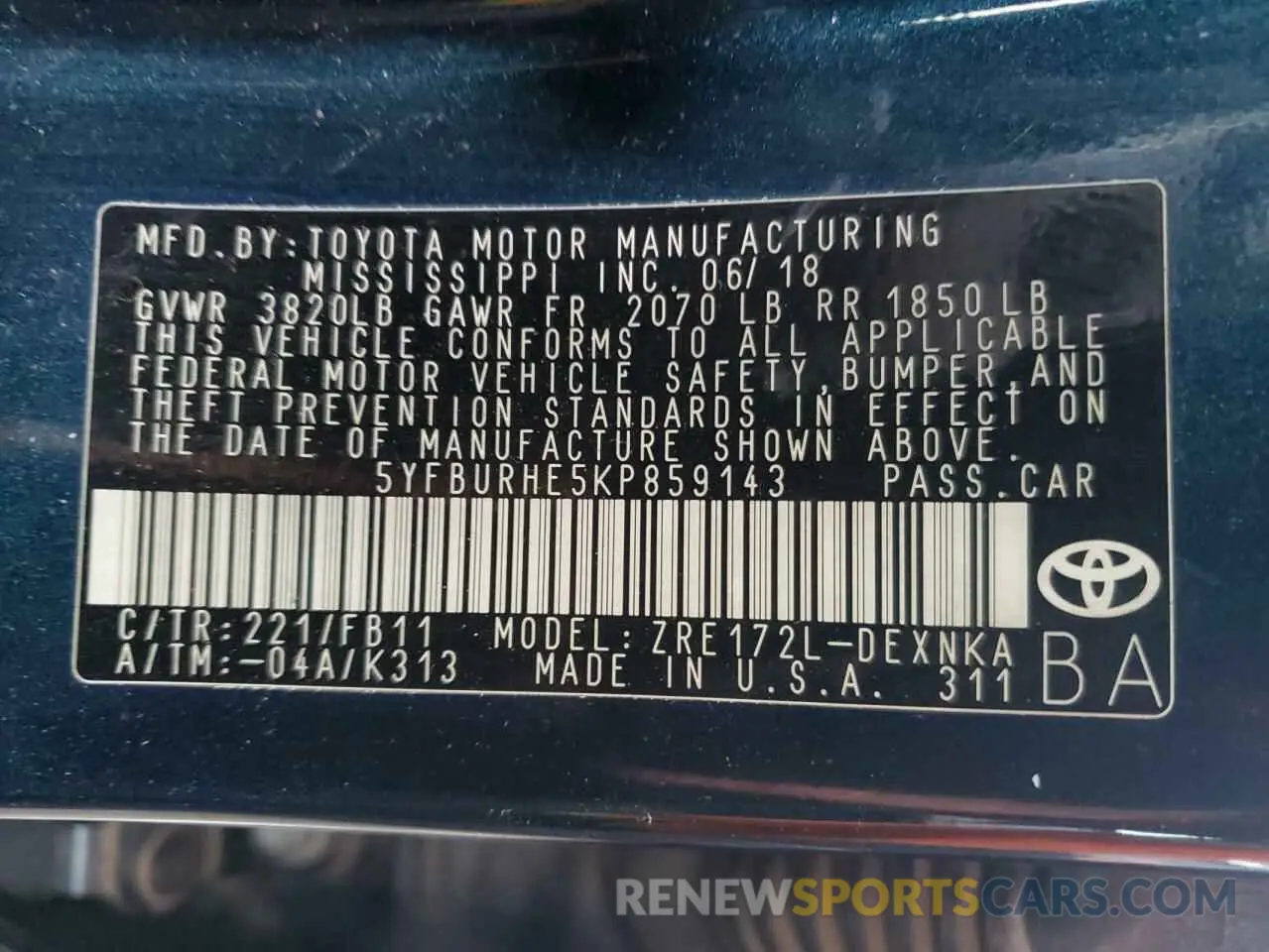 12 Photograph of a damaged car 5YFBURHE5KP859143 TOYOTA COROLLA 2019