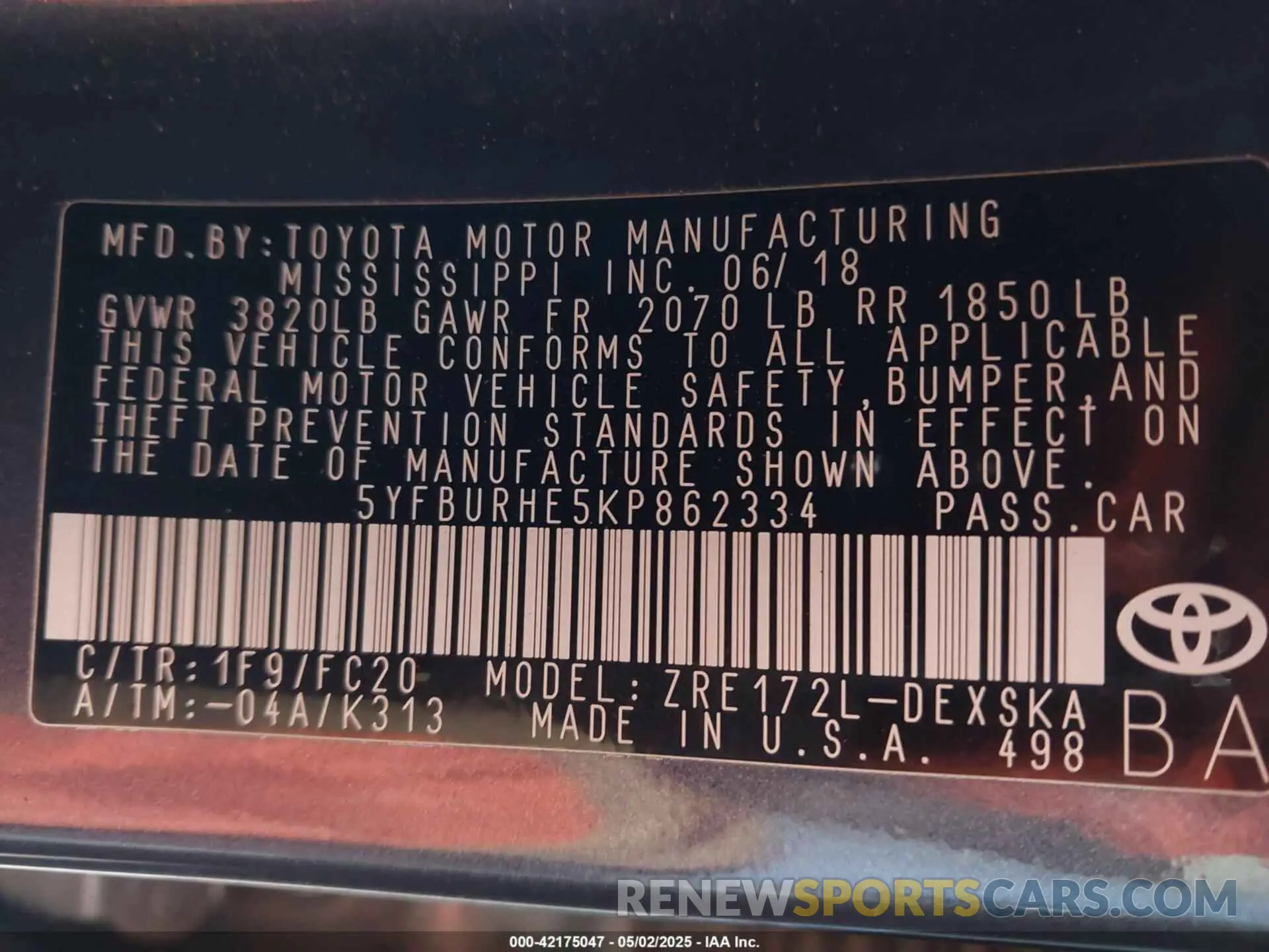 9 Photograph of a damaged car 5YFBURHE5KP862334 TOYOTA COROLLA 2019