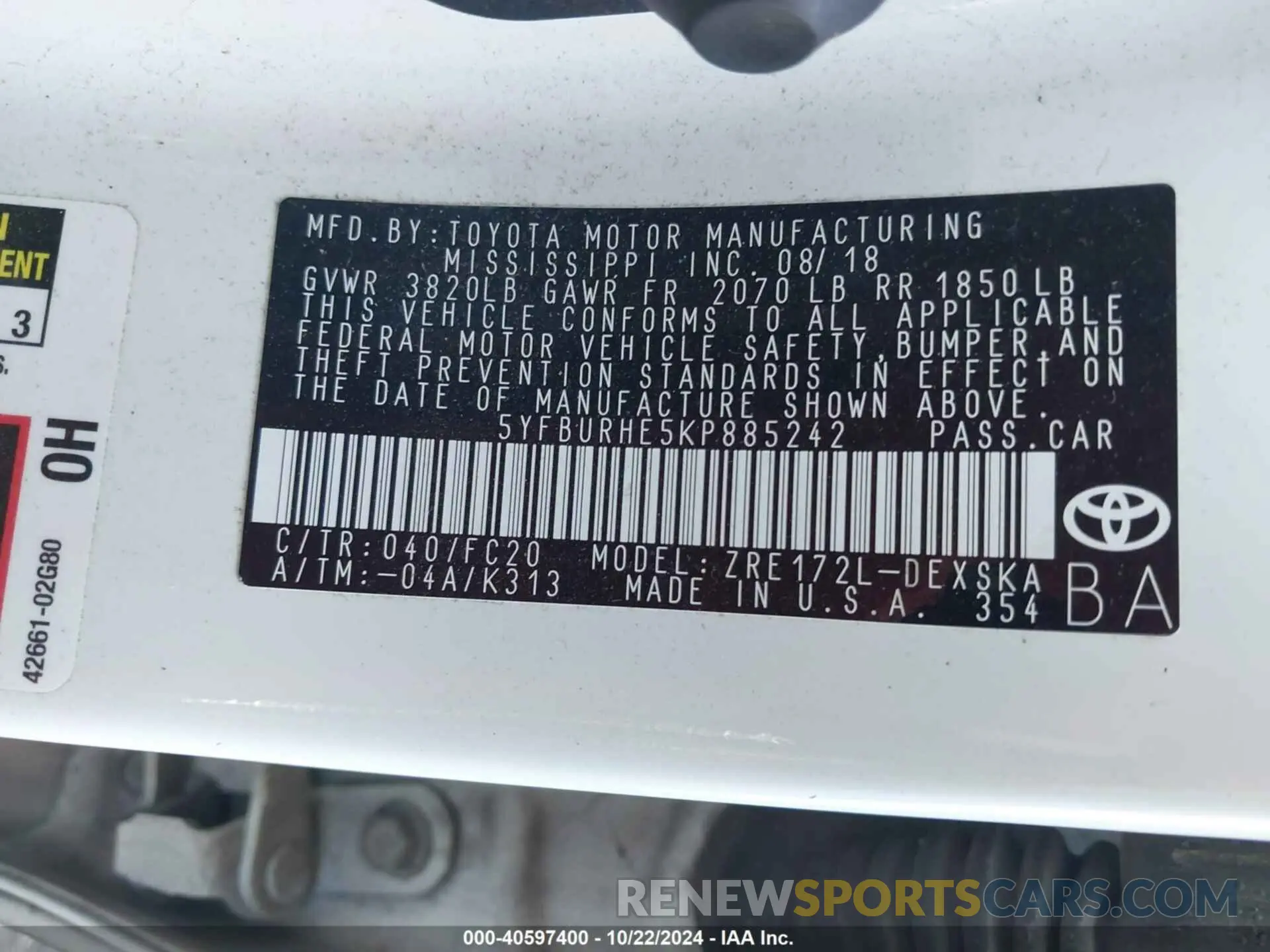 9 Photograph of a damaged car 5YFBURHE5KP885242 TOYOTA COROLLA 2019