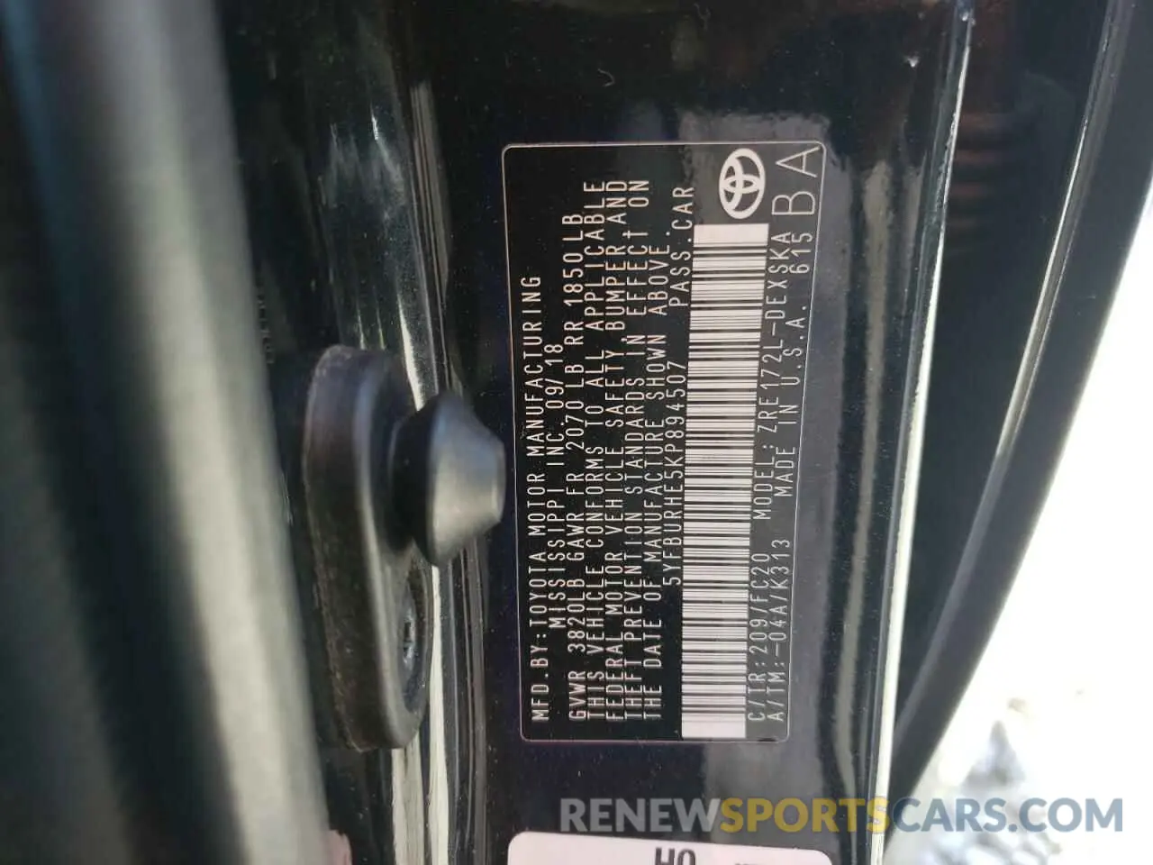 13 Photograph of a damaged car 5YFBURHE5KP894507 TOYOTA COROLLA 2019