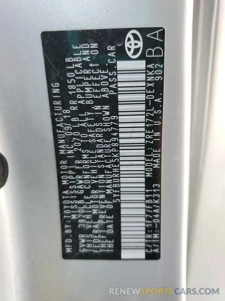 13 Photograph of a damaged car 5YFBURHE5KP894779 TOYOTA COROLLA 2019