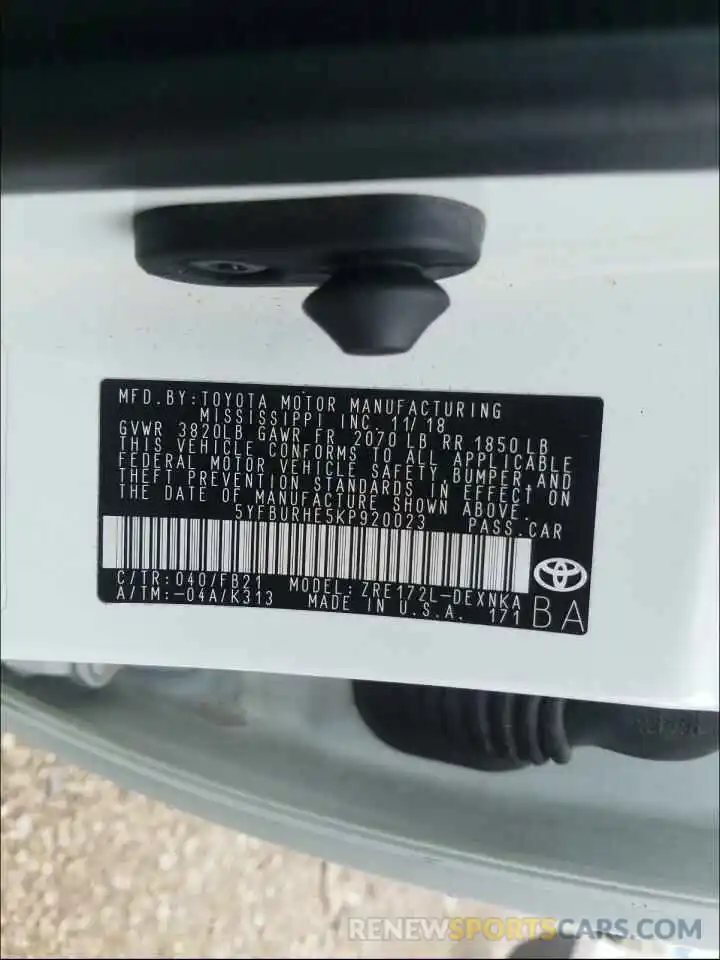 10 Photograph of a damaged car 5YFBURHE5KP920023 TOYOTA COROLLA 2019