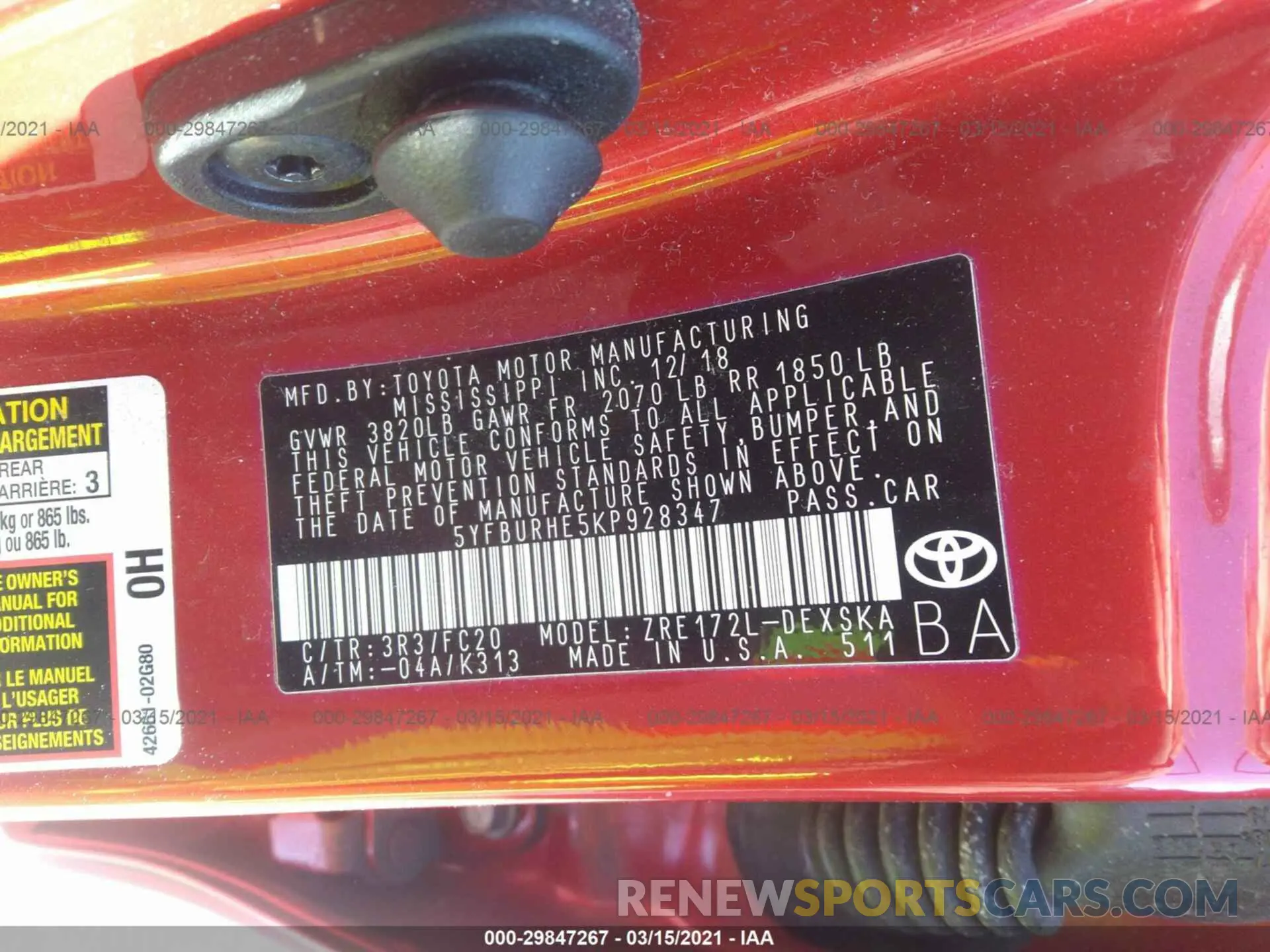9 Photograph of a damaged car 5YFBURHE5KP928347 TOYOTA COROLLA 2019