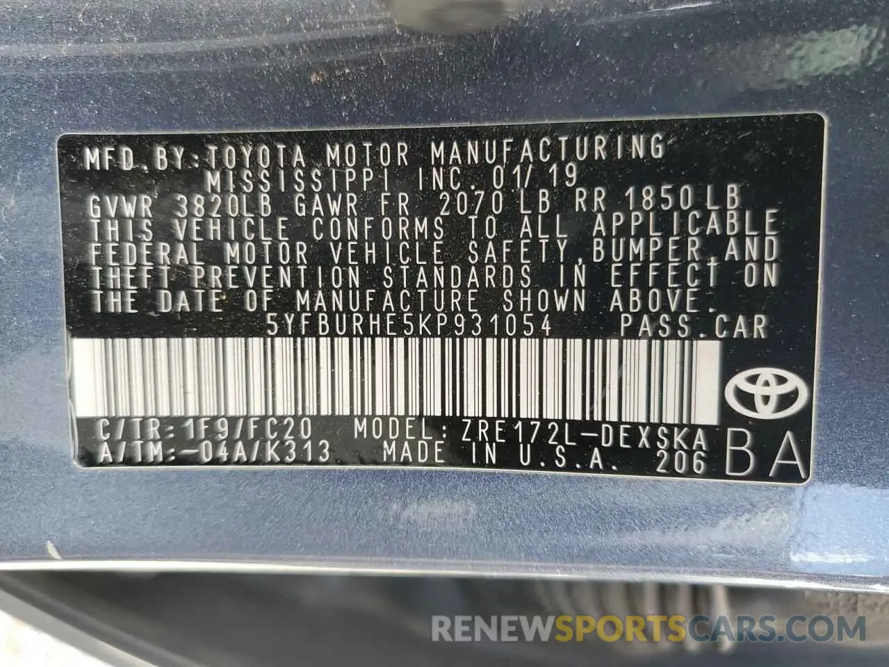 12 Photograph of a damaged car 5YFBURHE5KP931054 TOYOTA COROLLA 2019