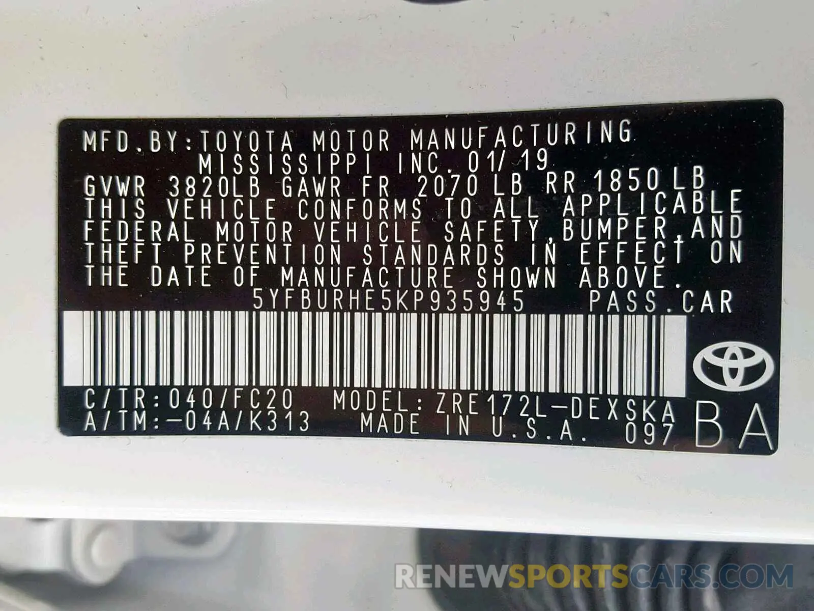10 Photograph of a damaged car 5YFBURHE5KP935945 TOYOTA COROLLA 2019