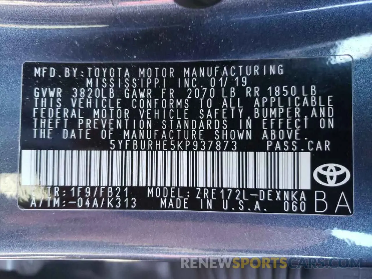 10 Photograph of a damaged car 5YFBURHE5KP937873 TOYOTA COROLLA 2019
