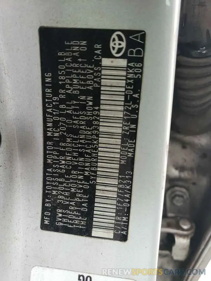 12 Photograph of a damaged car 5YFBURHE5KP938294 TOYOTA COROLLA 2019