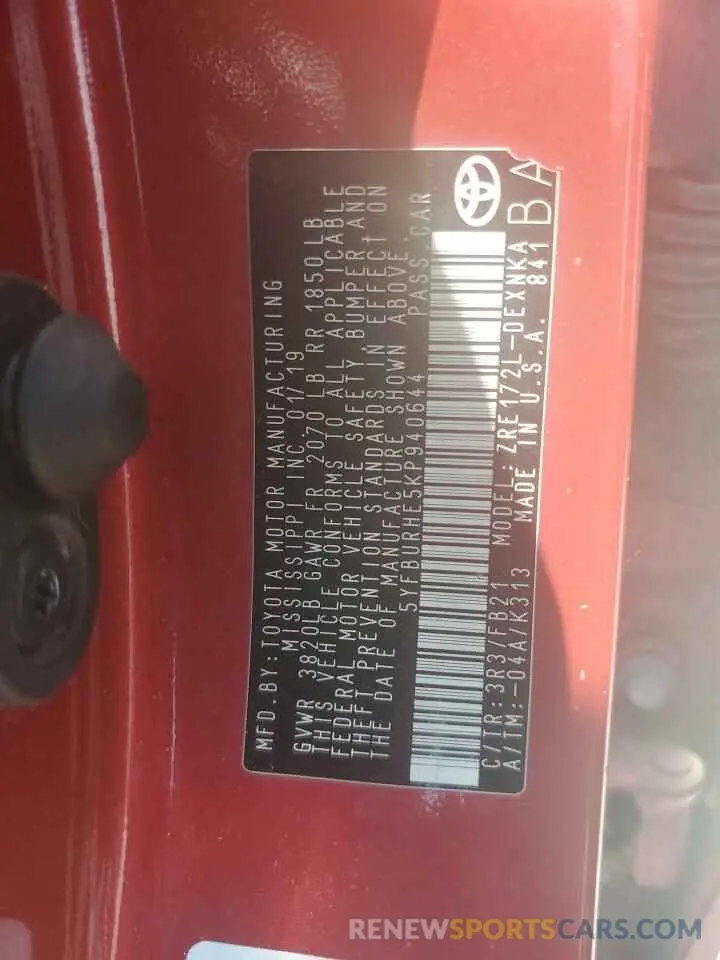 12 Photograph of a damaged car 5YFBURHE5KP940644 TOYOTA COROLLA 2019