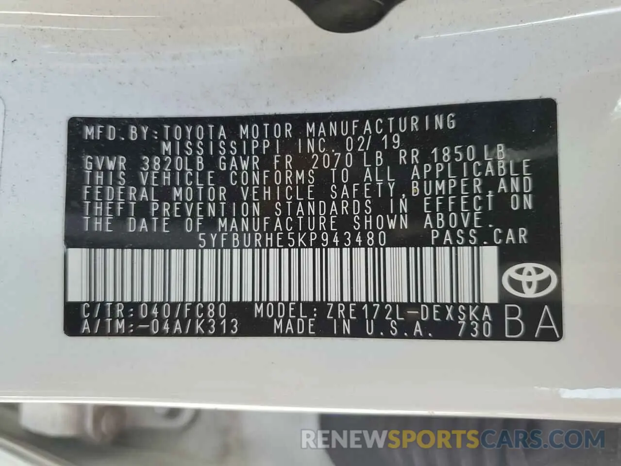 12 Photograph of a damaged car 5YFBURHE5KP943480 TOYOTA COROLLA 2019