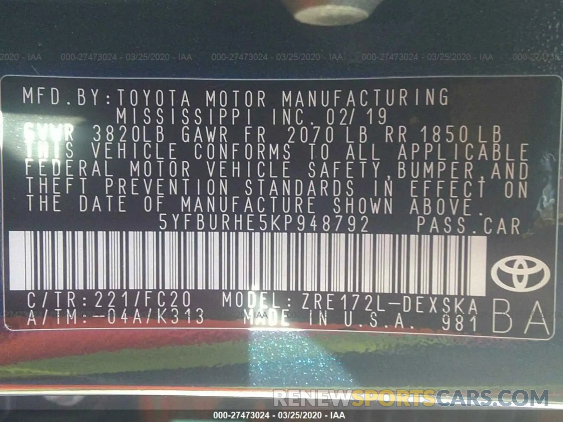 9 Photograph of a damaged car 5YFBURHE5KP948792 TOYOTA COROLLA 2019