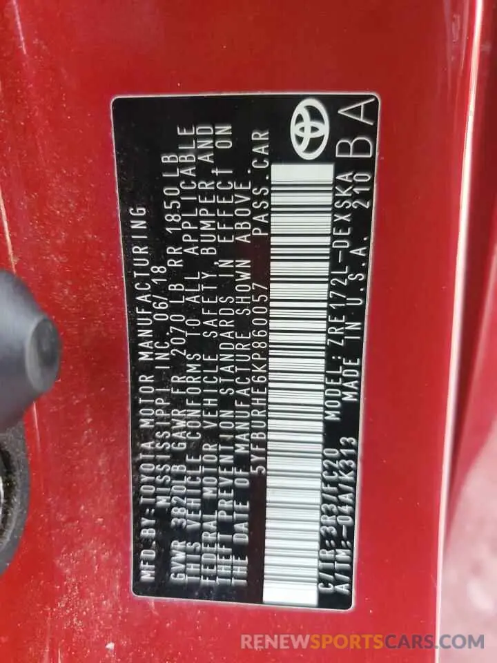 12 Photograph of a damaged car 5YFBURHE6KP860057 TOYOTA COROLLA 2019