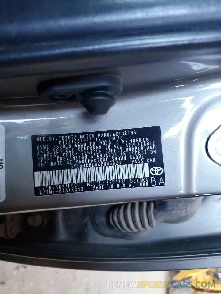 12 Photograph of a damaged car 5YFBURHE6KP865923 TOYOTA COROLLA 2019