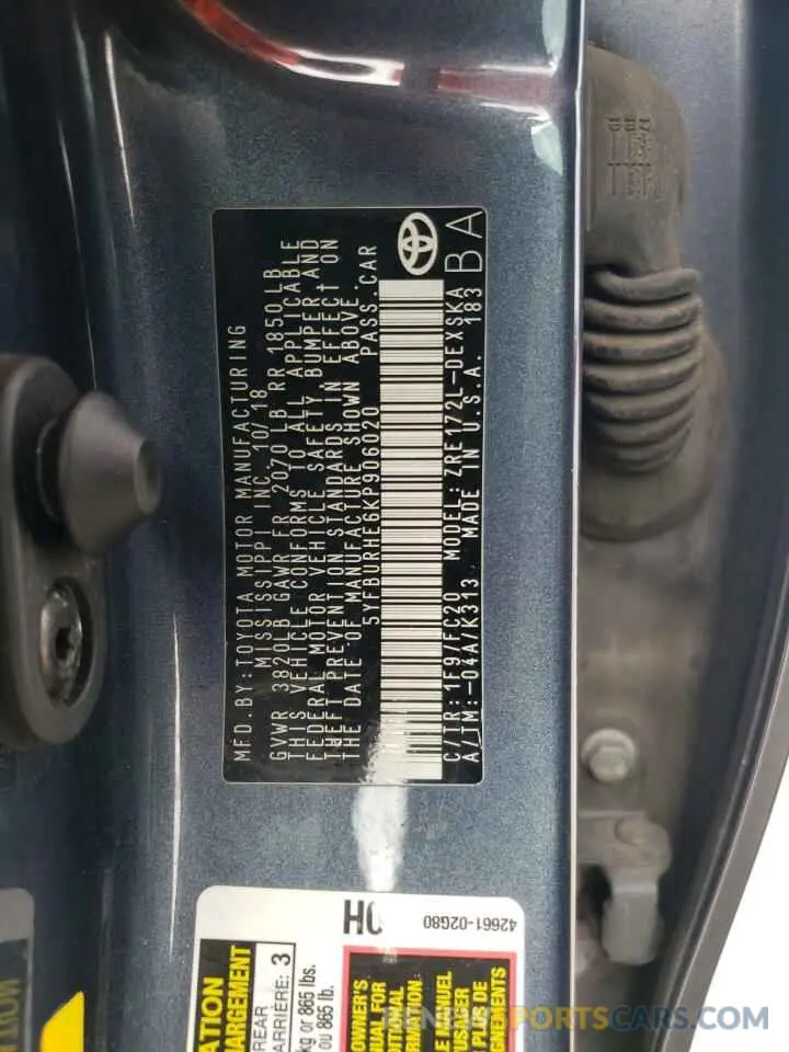 12 Photograph of a damaged car 5YFBURHE6KP906020 TOYOTA COROLLA 2019