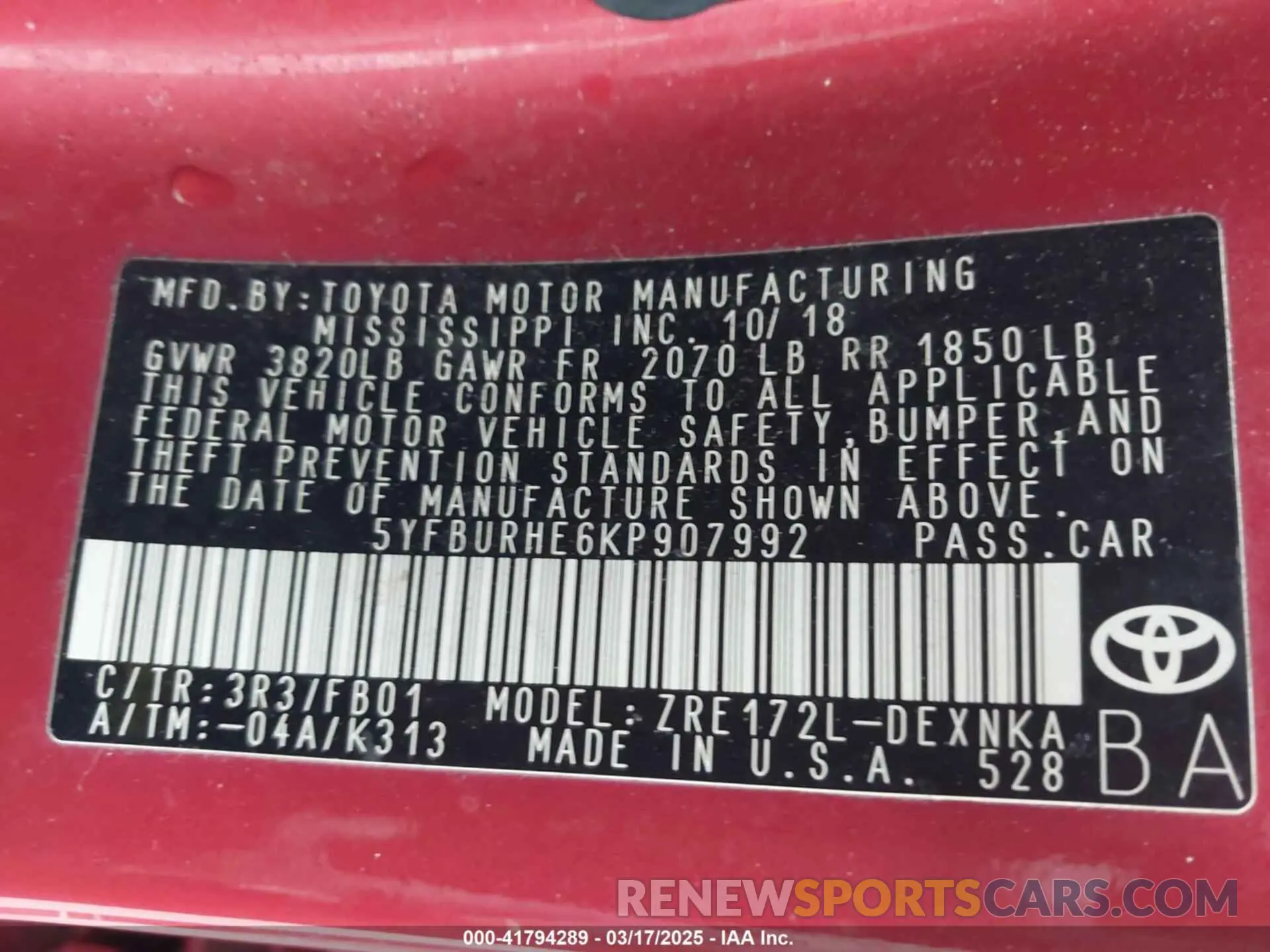 7 Photograph of a damaged car 5YFBURHE6KP907992 TOYOTA COROLLA 2019