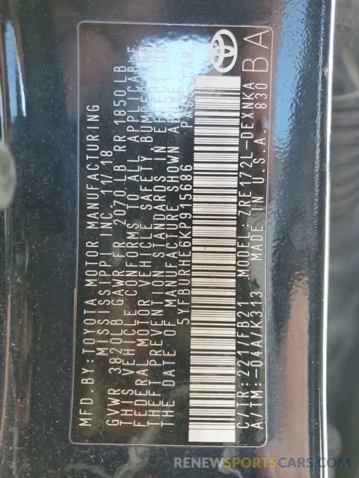 13 Photograph of a damaged car 5YFBURHE6KP915686 TOYOTA COROLLA 2019