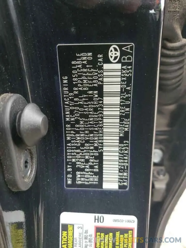 12 Photograph of a damaged car 5YFBURHE6KP937347 TOYOTA COROLLA 2019
