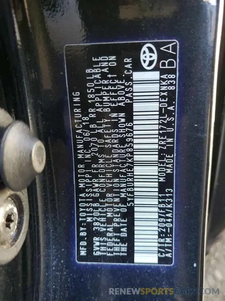 12 Photograph of a damaged car 5YFBURHE7KP859676 TOYOTA COROLLA 2019