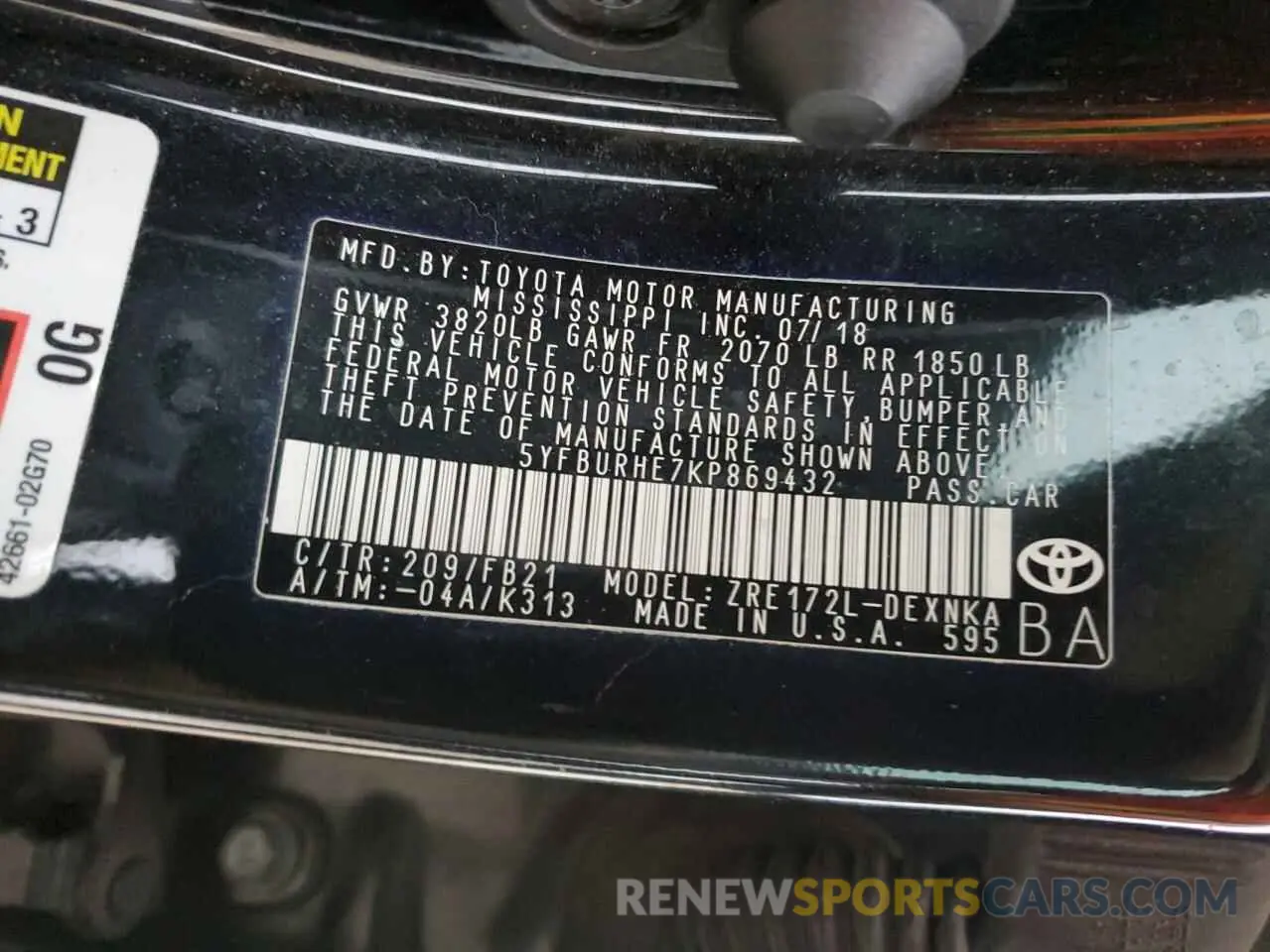13 Photograph of a damaged car 5YFBURHE7KP869432 TOYOTA COROLLA 2019