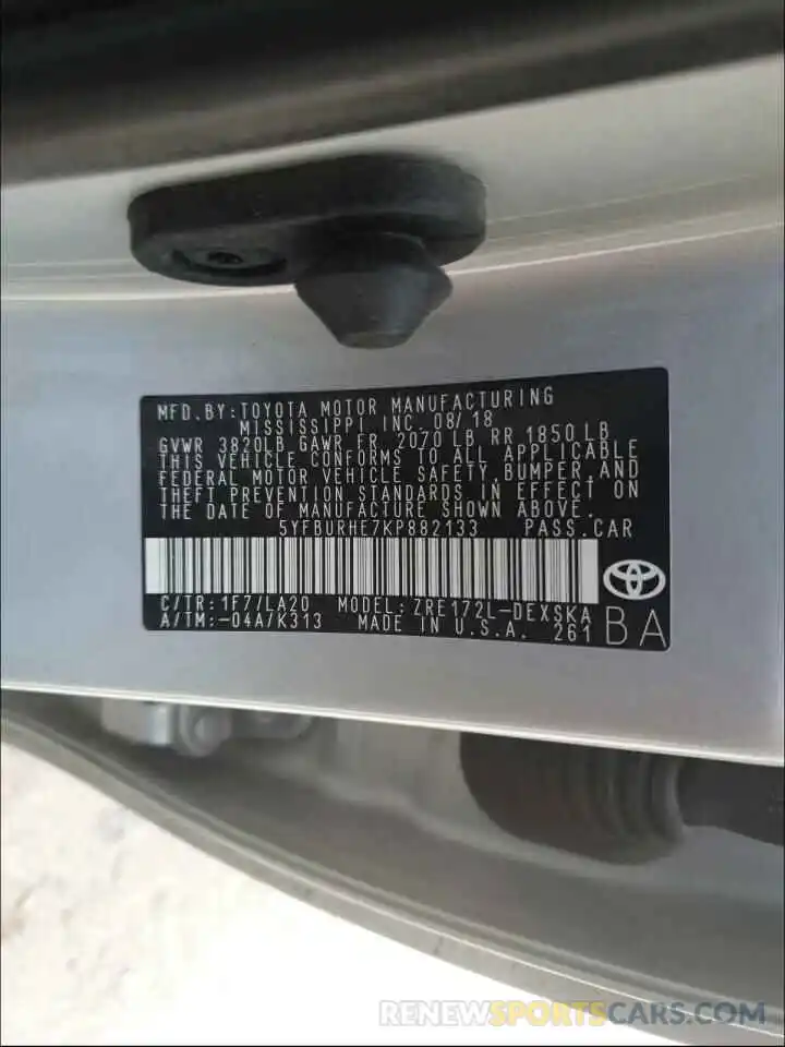 10 Photograph of a damaged car 5YFBURHE7KP882133 TOYOTA COROLLA 2019