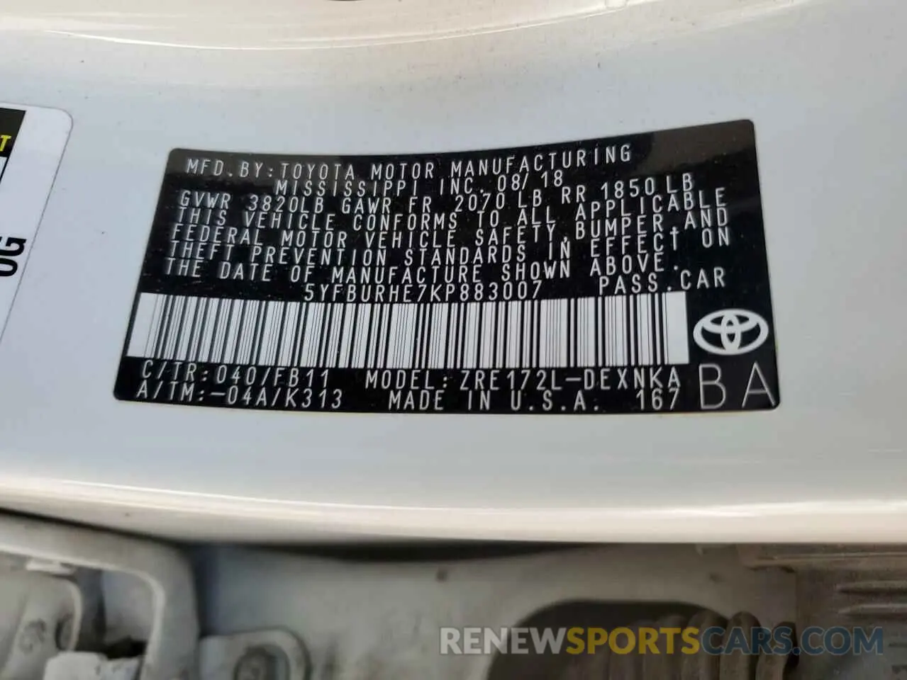 12 Photograph of a damaged car 5YFBURHE7KP883007 TOYOTA COROLLA 2019
