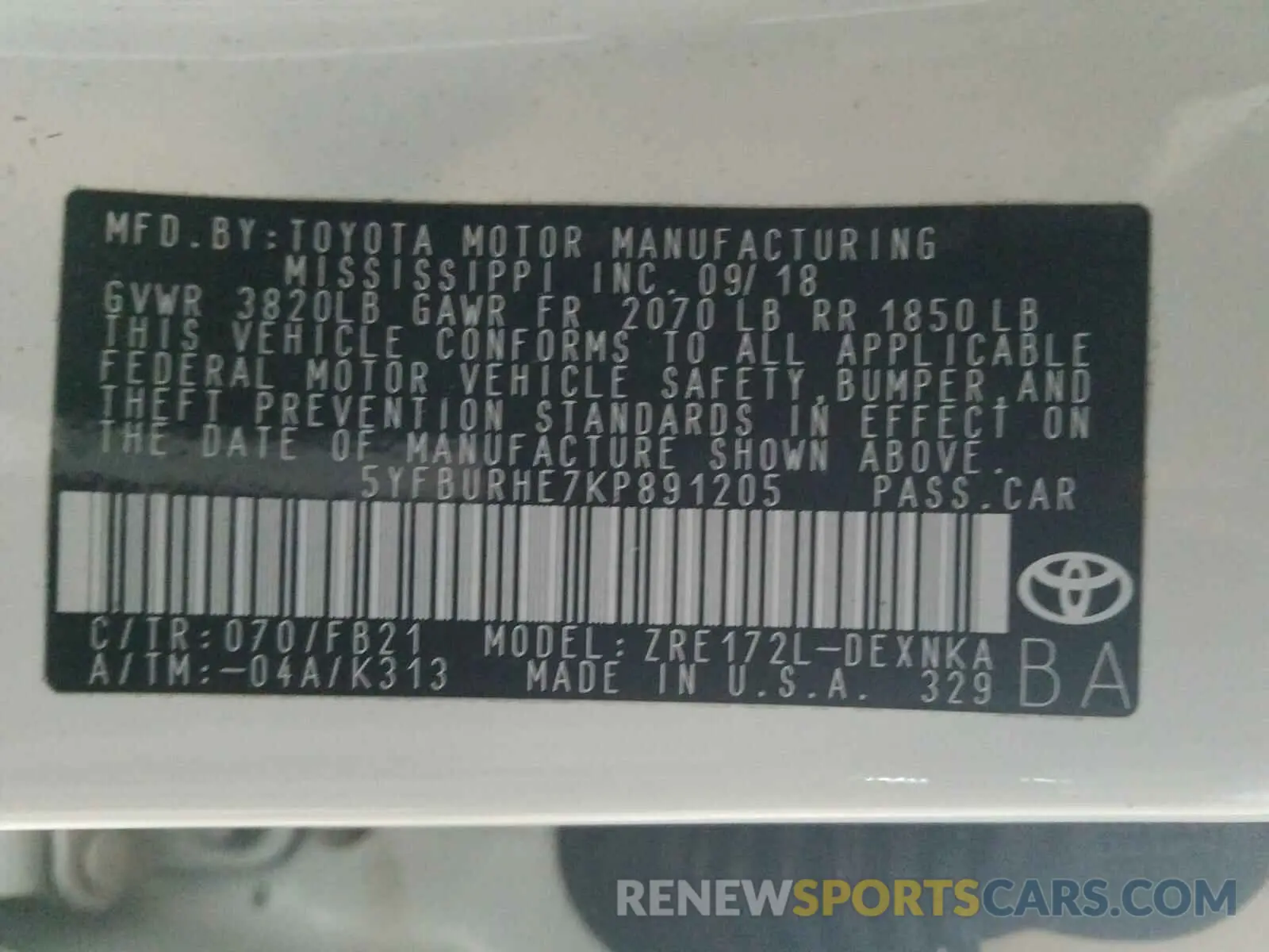 10 Photograph of a damaged car 5YFBURHE7KP891205 TOYOTA COROLLA 2019