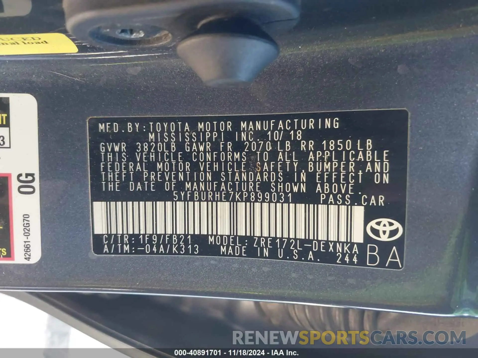 9 Photograph of a damaged car 5YFBURHE7KP899031 TOYOTA COROLLA 2019