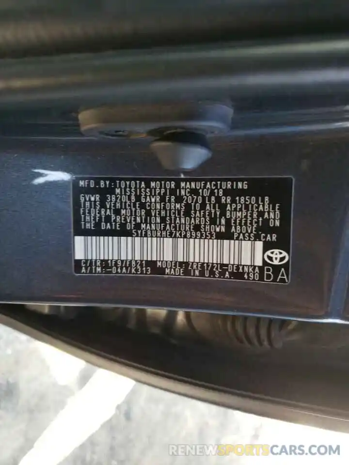 10 Photograph of a damaged car 5YFBURHE7KP899353 TOYOTA COROLLA 2019