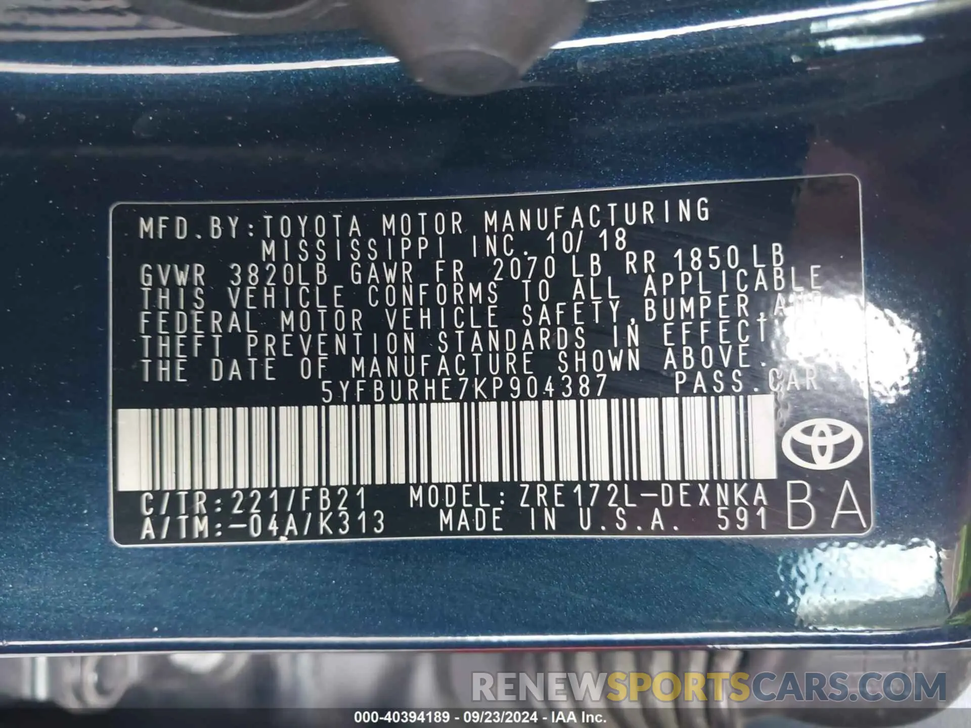 9 Photograph of a damaged car 5YFBURHE7KP904387 TOYOTA COROLLA 2019