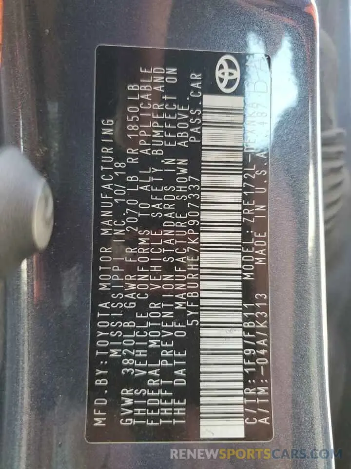 13 Photograph of a damaged car 5YFBURHE7KP907337 TOYOTA COROLLA 2019