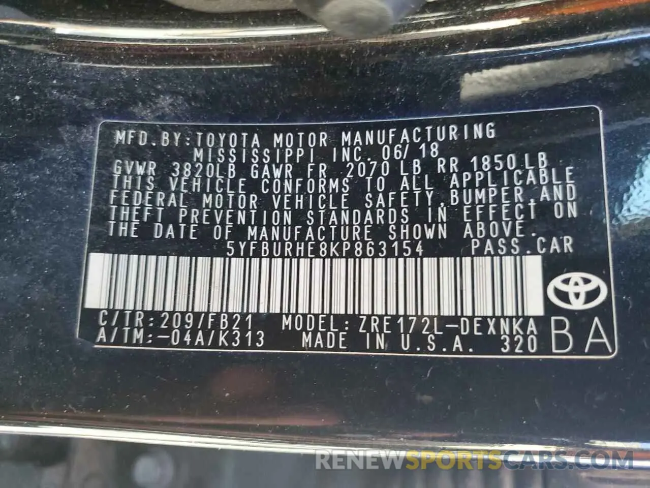 12 Photograph of a damaged car 5YFBURHE8KP863154 TOYOTA COROLLA 2019