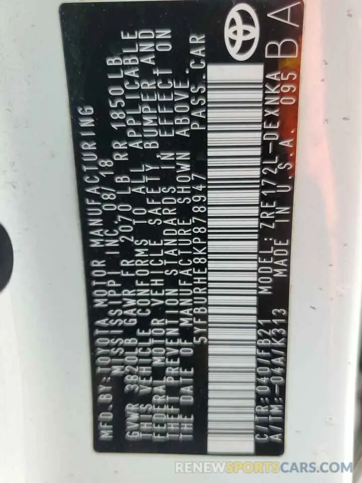 12 Photograph of a damaged car 5YFBURHE8KP878947 TOYOTA COROLLA 2019