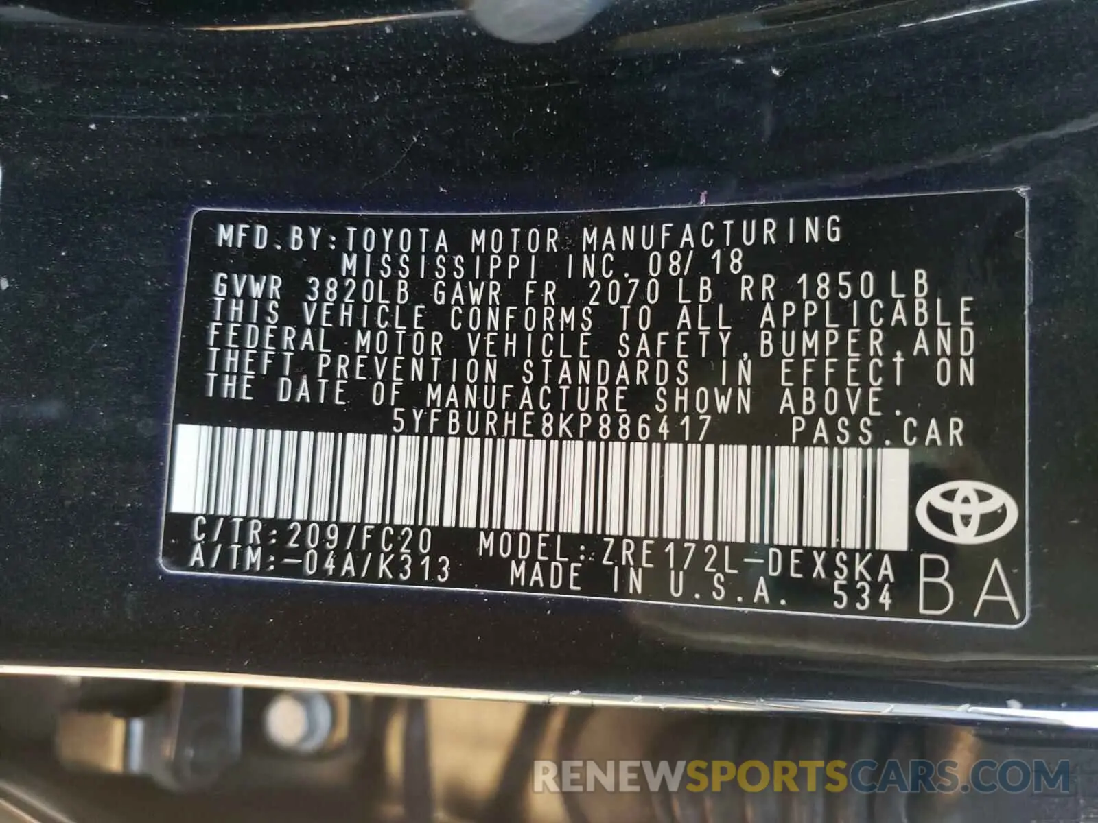 10 Photograph of a damaged car 5YFBURHE8KP886417 TOYOTA COROLLA 2019