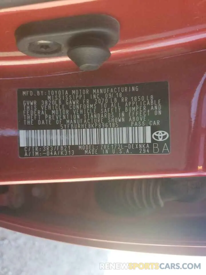 10 Photograph of a damaged car 5YFBURHE8KP896185 TOYOTA COROLLA 2019