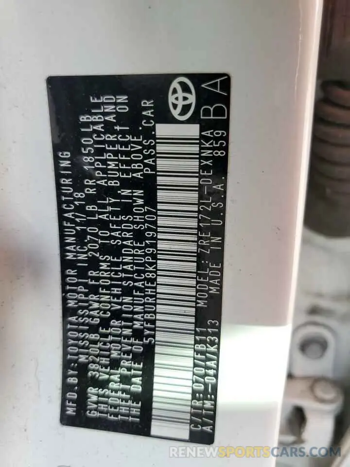 12 Photograph of a damaged car 5YFBURHE8KP919707 TOYOTA COROLLA 2019