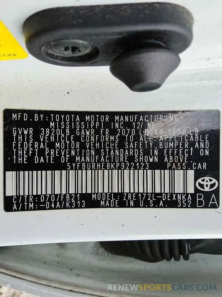 12 Photograph of a damaged car 5YFBURHE8KP922123 TOYOTA COROLLA 2019