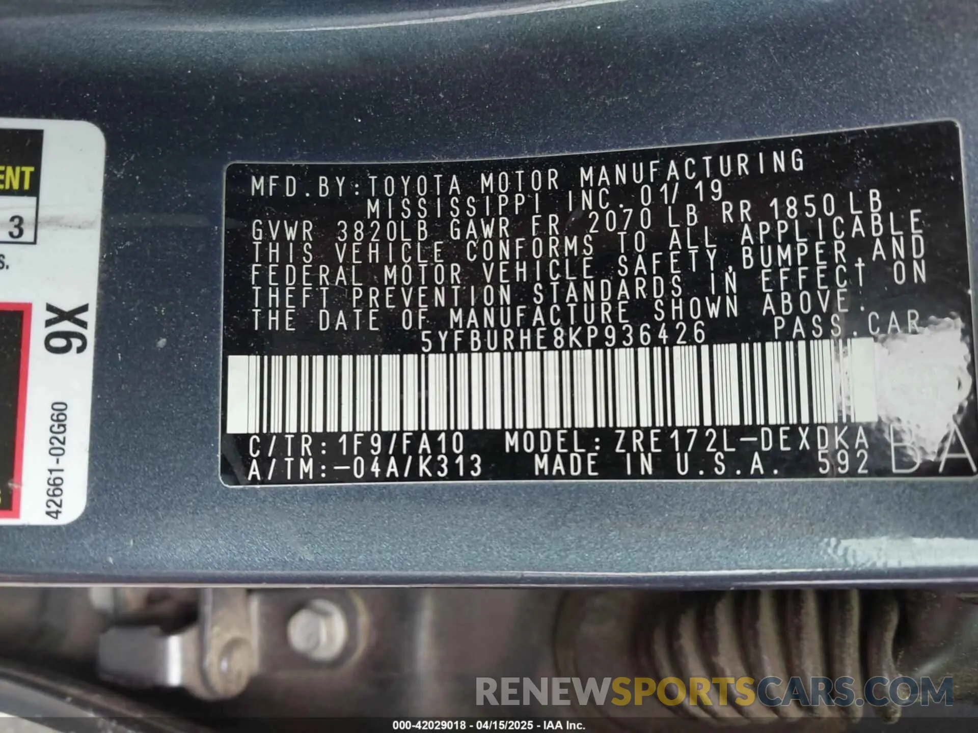 9 Photograph of a damaged car 5YFBURHE8KP936426 TOYOTA COROLLA 2019