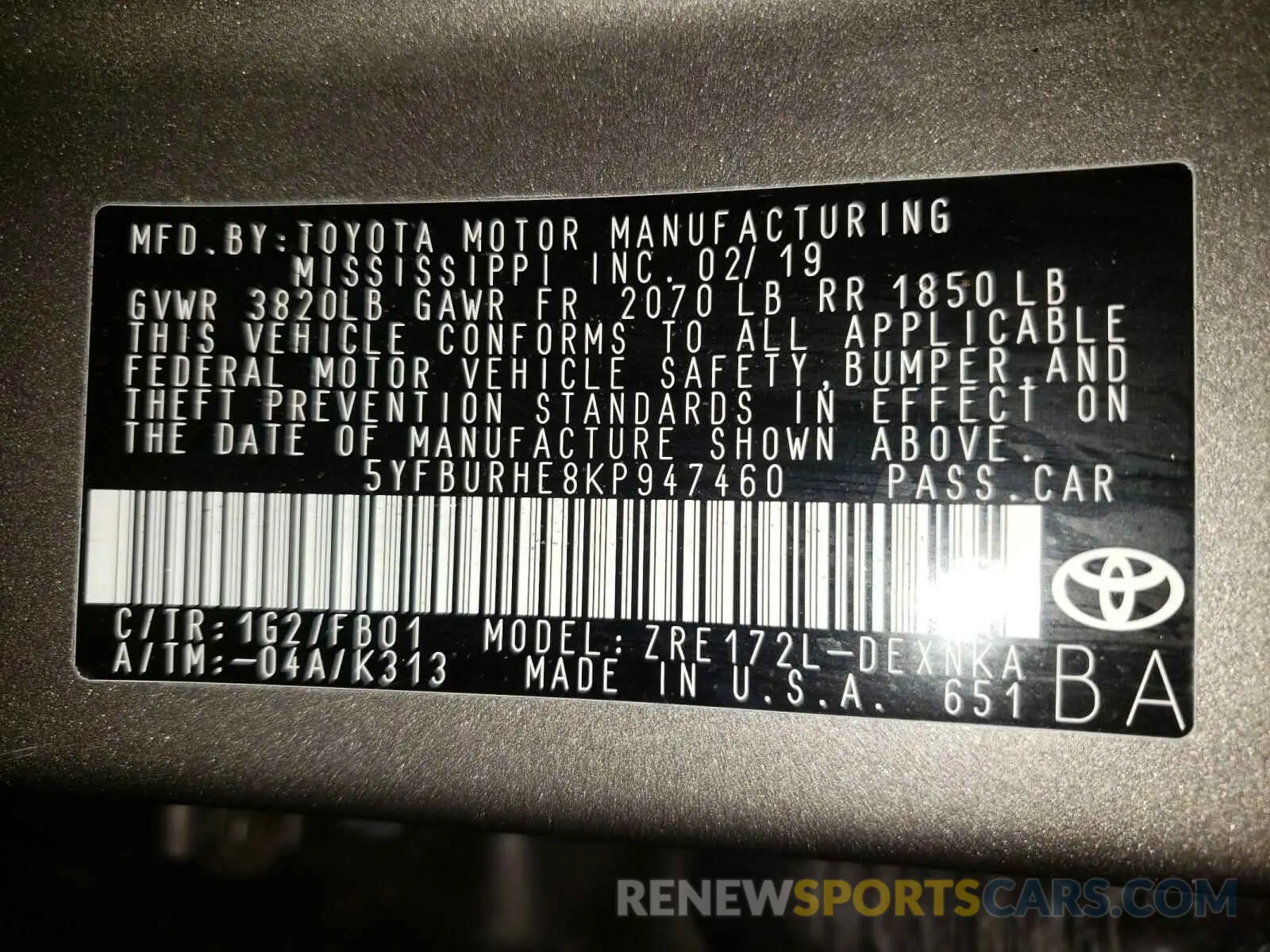 10 Photograph of a damaged car 5YFBURHE8KP947460 TOYOTA COROLLA 2019