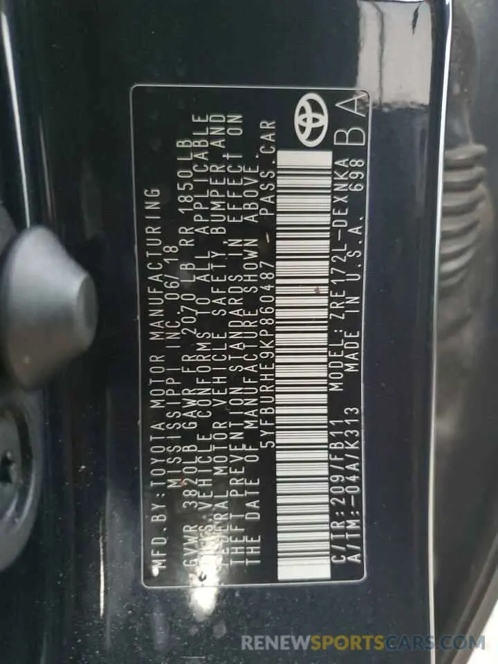13 Photograph of a damaged car 5YFBURHE9KP860487 TOYOTA COROLLA 2019