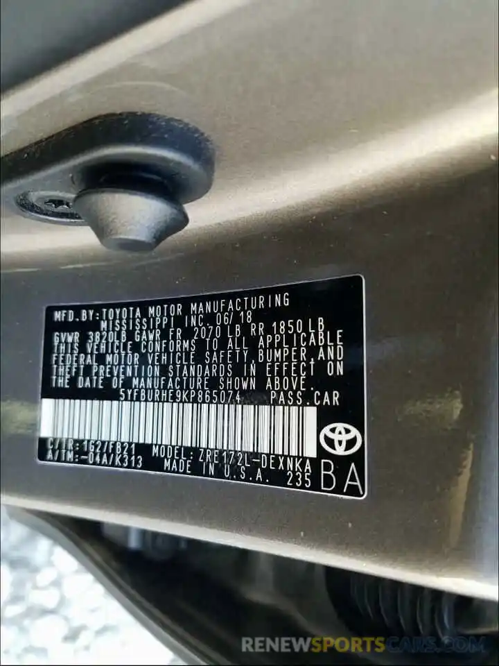 10 Photograph of a damaged car 5YFBURHE9KP865074 TOYOTA COROLLA 2019