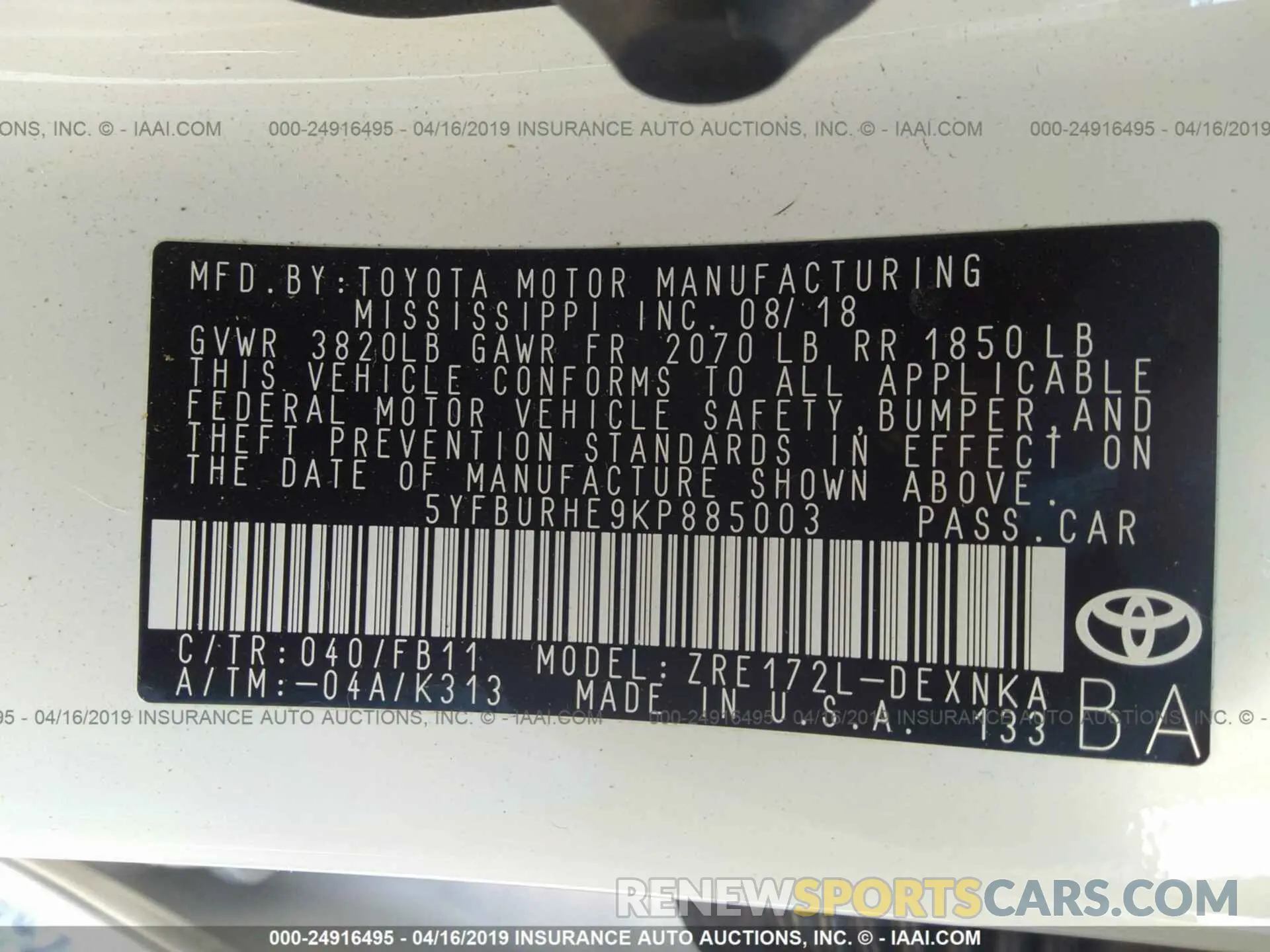 9 Photograph of a damaged car 5YFBURHE9KP885003 TOYOTA COROLLA 2019