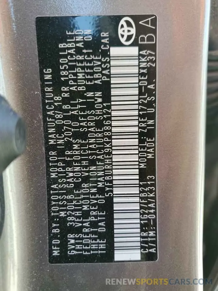 12 Photograph of a damaged car 5YFBURHE9KP886121 TOYOTA COROLLA 2019