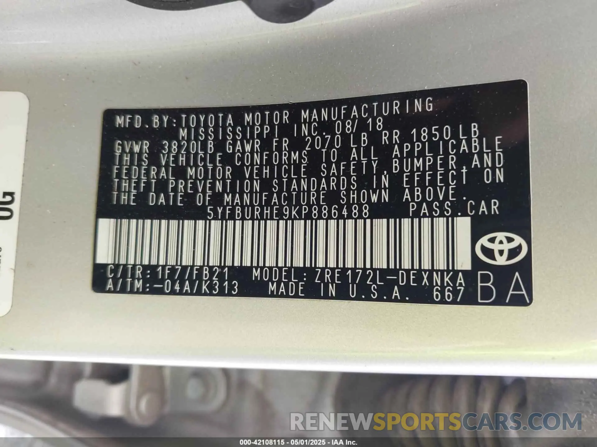 9 Photograph of a damaged car 5YFBURHE9KP886488 TOYOTA COROLLA 2019