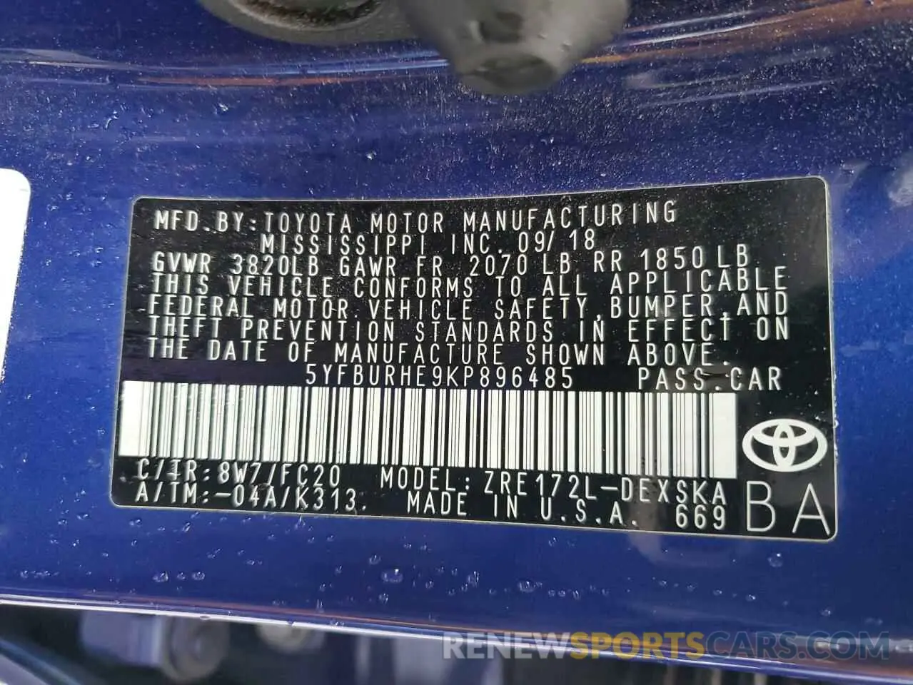 12 Photograph of a damaged car 5YFBURHE9KP896485 TOYOTA COROLLA 2019