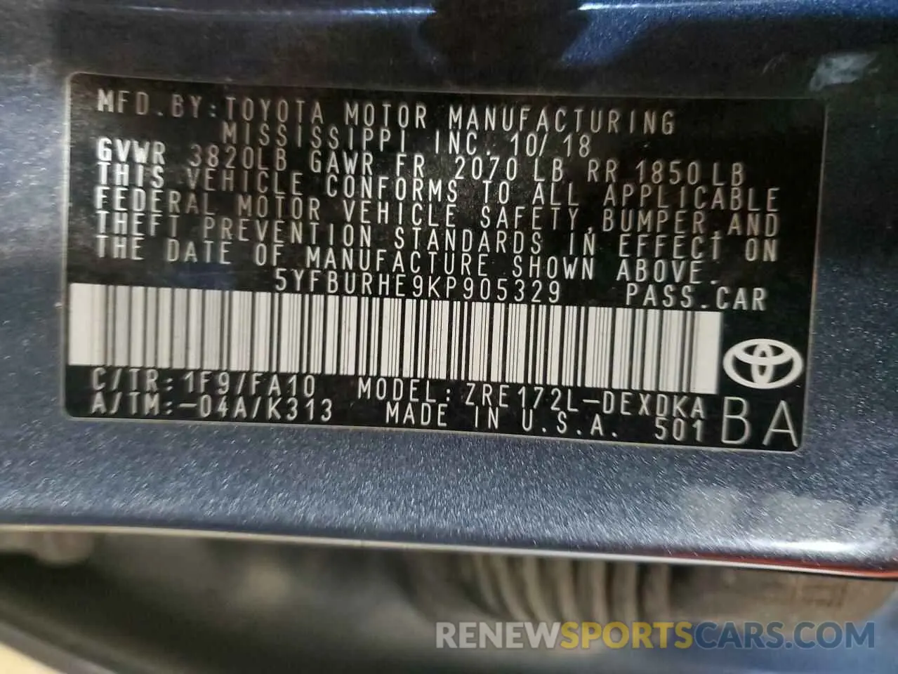 12 Photograph of a damaged car 5YFBURHE9KP905329 TOYOTA COROLLA 2019