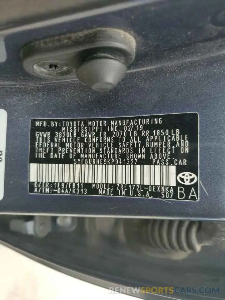 12 Photograph of a damaged car 5YFBURHE9KP941327 TOYOTA COROLLA 2019