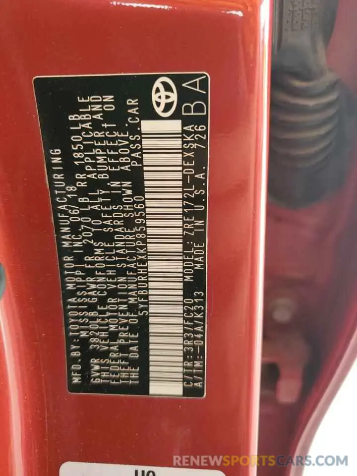 13 Photograph of a damaged car 5YFBURHEXKP859560 TOYOTA COROLLA 2019