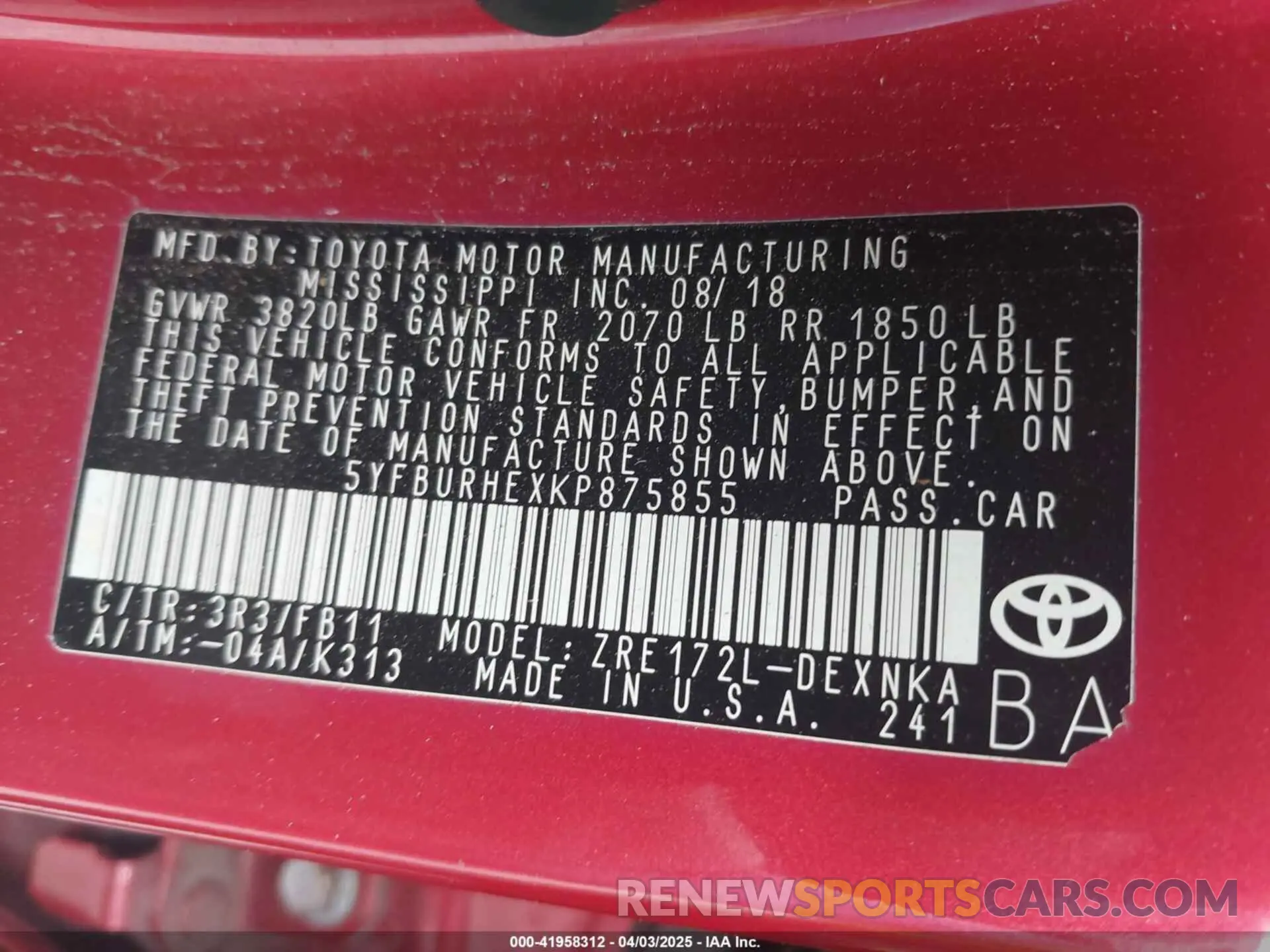 9 Photograph of a damaged car 5YFBURHEXKP875855 TOYOTA COROLLA 2019