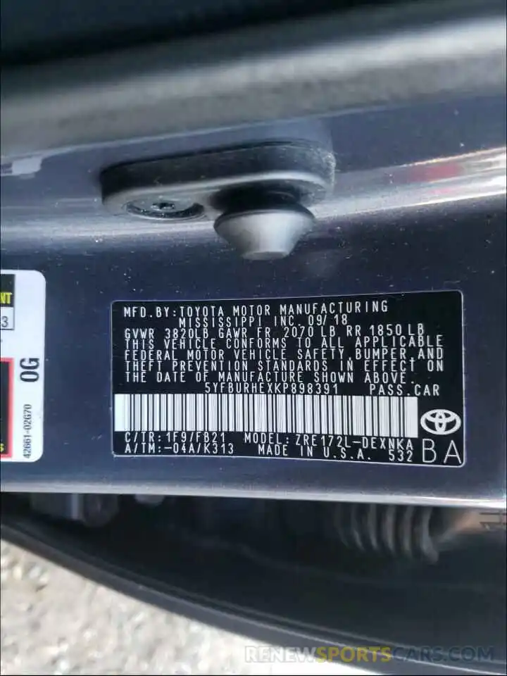 10 Photograph of a damaged car 5YFBURHEXKP898391 TOYOTA COROLLA 2019