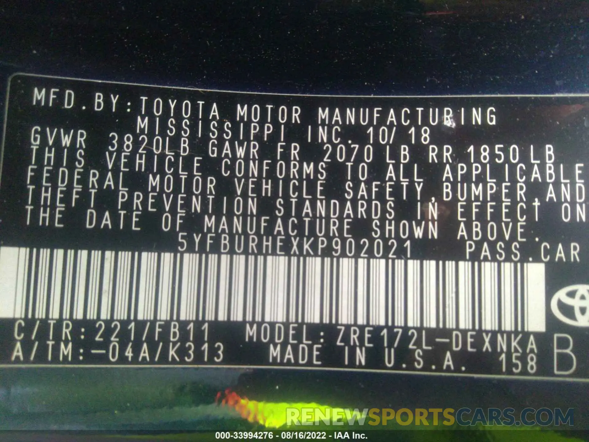 9 Photograph of a damaged car 5YFBURHEXKP902021 TOYOTA COROLLA 2019